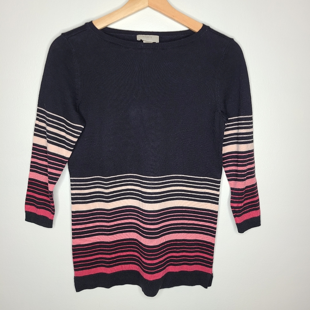 LOFT Stripe Cotton Sweater Black Pink Crewneck Long Sleeve XSP Petite